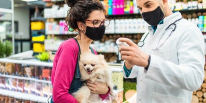 Woman with glasses carrying dog in a store reviewing medication with a pharmacist