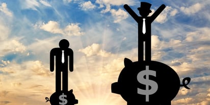 Two silhouttes on piggy banks wealth gap visualization