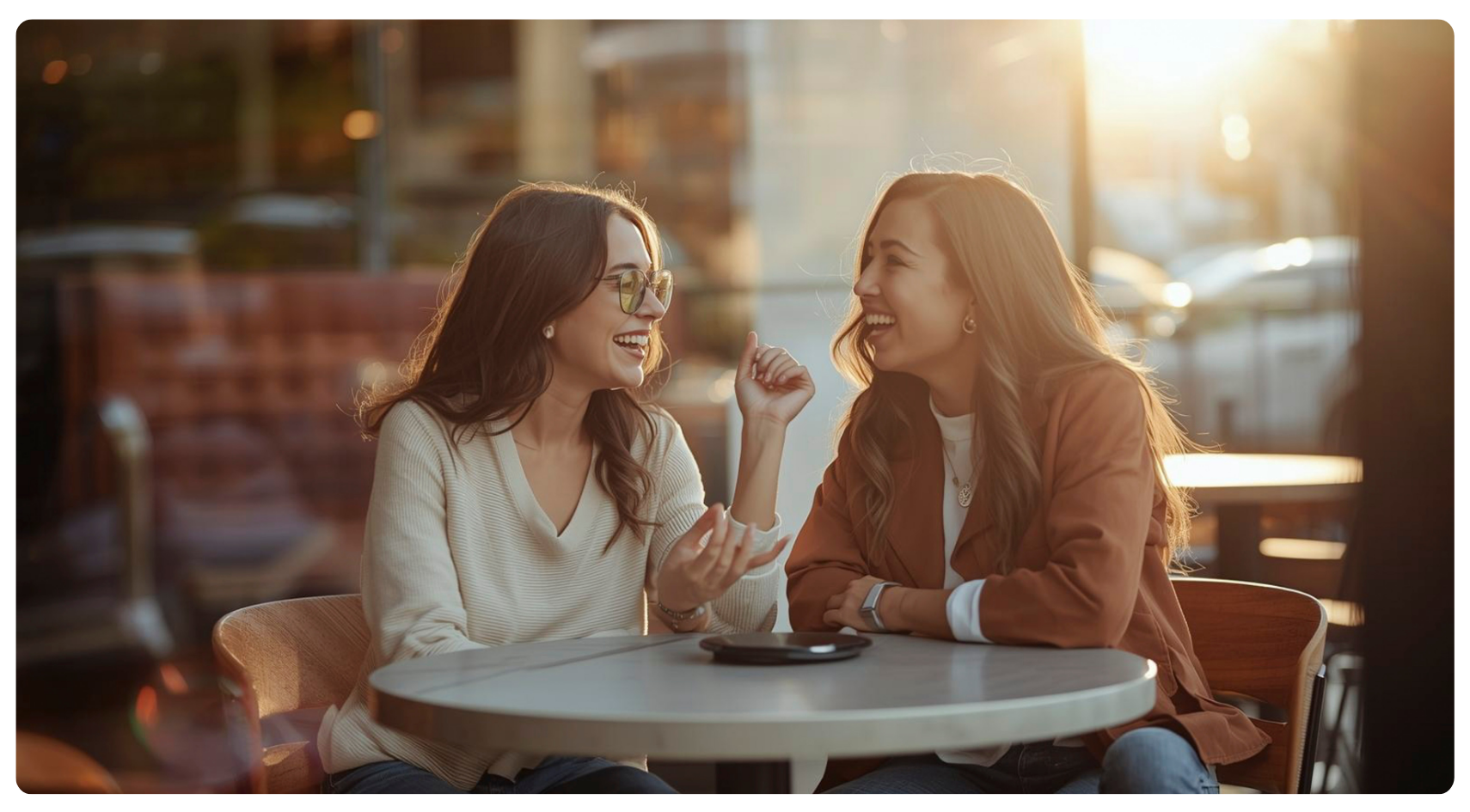 two women talking and laughing